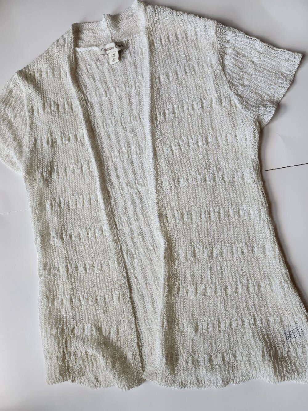 Boho Coastal White Open Knit Short Sleeve Minimalist Cardigan Summer Layering M - Picture 10 of 10